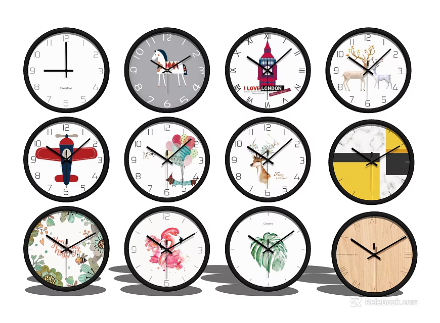 Various Stylish Decorative Wall Clocks With Animal Building And Simple Design Elements 3d model 