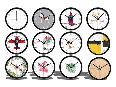 Various Stylish Decorative Wall Clocks With Animal Building And Simple Design Elements 3d model