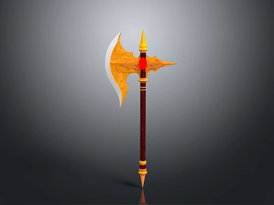 Mythical Ornate Battle Axe Featuring Golden Blade Red Handle And Decorative Details 3d model