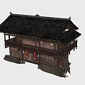 Traditional Chinese Ancient Building With Two Story Wooden Structure Black Tiled Roof And Red Decorations
