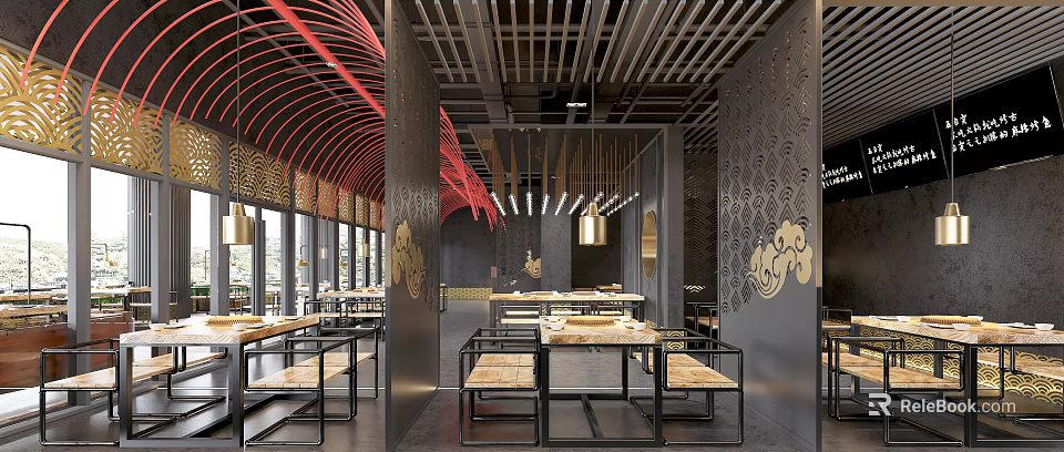 Chinese Style Hotpot Restaurant Interior With Wooden Tables Benches And Red Decorations 3d model 