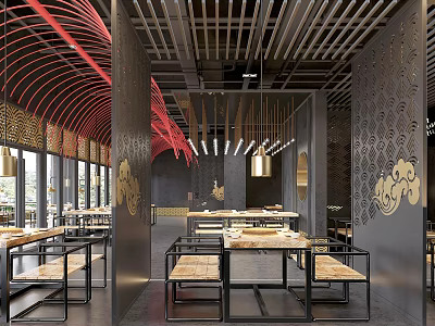 Chinese Style Hotpot Restaurant Interior With Wooden Tables Benches And Red Decorations 3d model