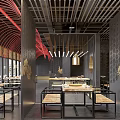 Chinese Style Hotpot Restaurant Interior With Wooden Tables Benches And Red Decorations