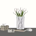 Pink Tulips in Silver Textured Vase with White Tissue Box Mug and Book on Tabletop