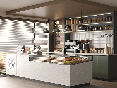 Modern Café Interior Design With Counter Display Case Coffee Machine Pendant Lights And Wall Sign 3d model