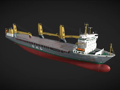 Large Cargo Ship With Yellow Cranes Red And Green Hull Open Deck And White Superstructure 3d model