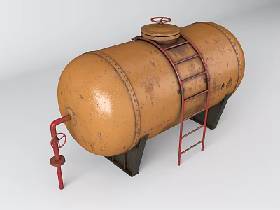 Yellow Industrial Storage Tank with Rusted Surface Red Ladder Red Valve and Base Supports 3d model