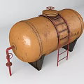 Yellow Industrial Storage Tank with Rusted Surface Red Ladder Red Valve and Base Supports