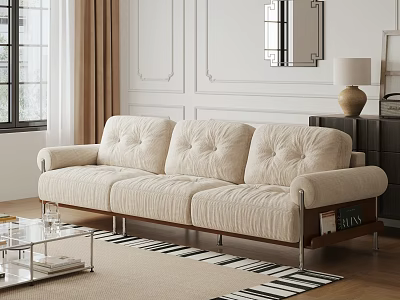 Casual Beige Sofa Set With Plush Cushions Glass Coffee Table And Black White Striped Rug 3d model
