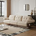 Casual Beige Sofa Set With Plush Cushions Glass Coffee Table And Black White Striped Rug