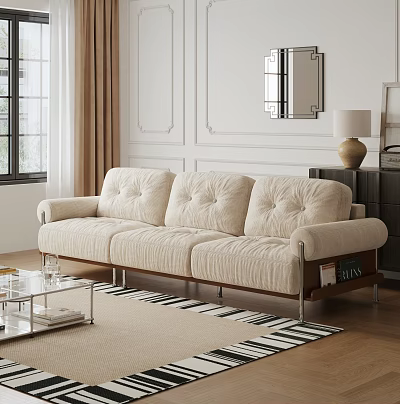 Casual Beige Sofa Set With Plush Cushions Glass Coffee Table And Black White Striped Rug 3d model