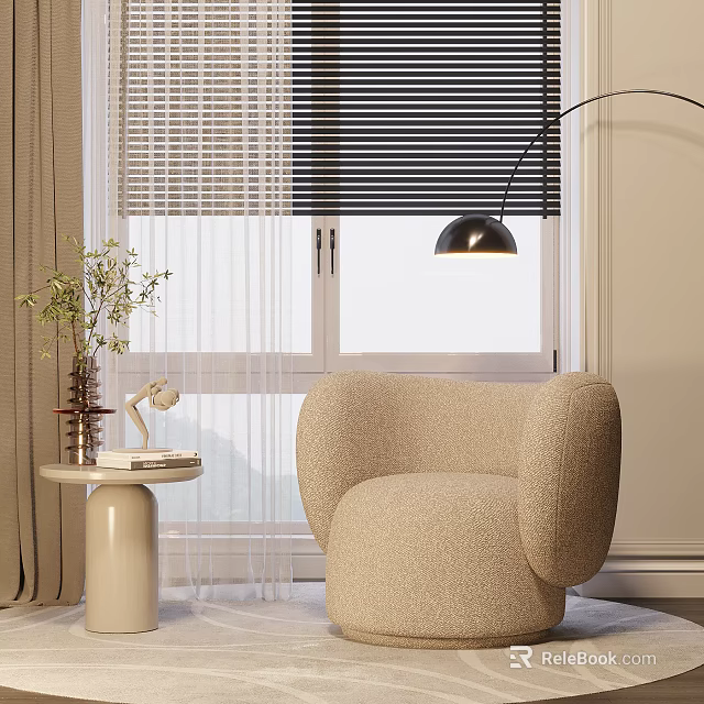 Modern Knitted Beige Single Sofa Living Interior with Window Blinds Floor Lamp and Side Table 3d model 