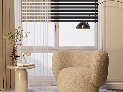 Modern Knitted Beige Single Sofa Living Interior with Window Blinds Floor Lamp and Side Table 3d model