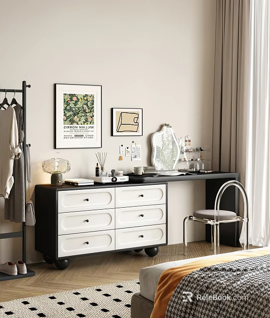 Black And White Dressing Table With Drawers Table Lamp And Decorations In Bedroom 3d model 