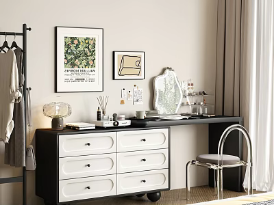 Black And White Dressing Table With Drawers Table Lamp And Decorations In Bedroom 3d model
