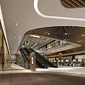 Shopping Mall Lobby Interior Design With Escalator Wooden Slat Ceiling Storefront Windows And Modern Lighting