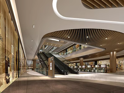 Shopping Mall Lobby Interior Design With Escalator Wooden Slat Ceiling Storefront Windows And Modern Lighting 3d model