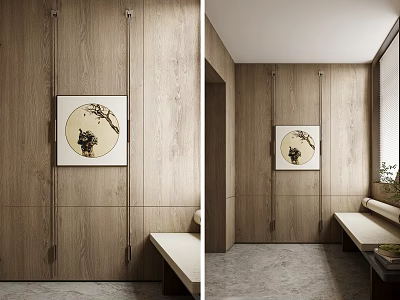 Minimalist Foyer Hallway With Wooden Walls Bench And Decorative Painting 3d model