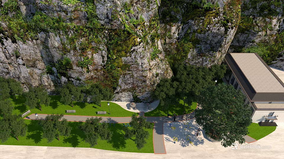Scenic Outdoor Space With Rocky Cliffs Lush Vegetation Green Grass Benches And Building 3d model 