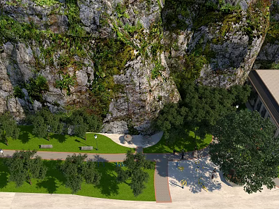 Scenic Outdoor Space With Rocky Cliffs Lush Vegetation Green Grass Benches And Building 3d model