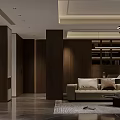 Elegant Warm Modern Living And Dining Interior With Wood Veneer And Marble TV Wall
