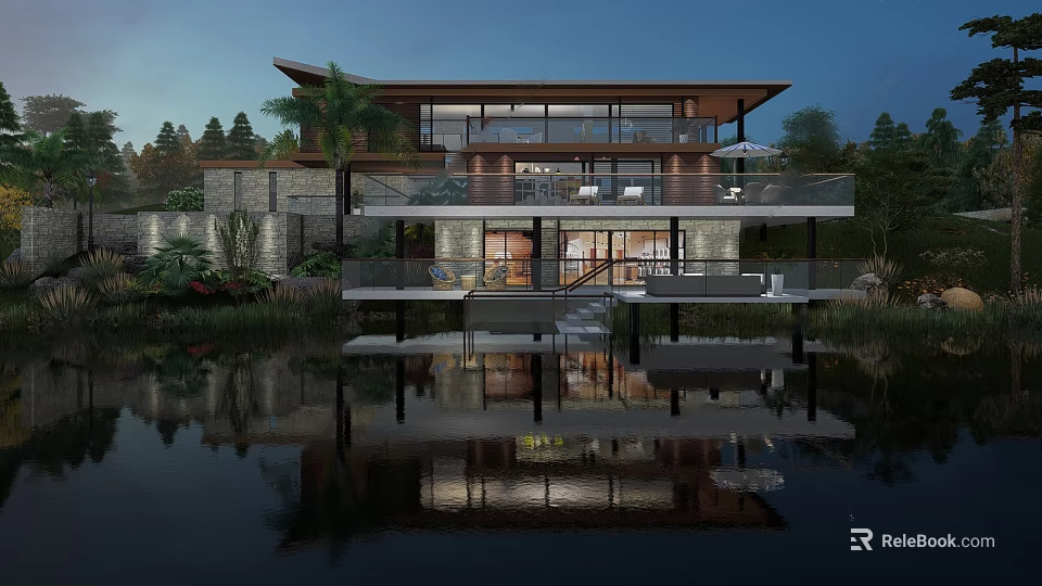 Modern Detached Villa With Glass Facade Waterfront Terrace And Evening Reflection 3d model 
