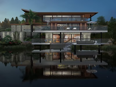 Modern Detached Villa With Glass Facade Waterfront Terrace And Evening Reflection 3d model