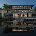 Modern Detached Villa With Glass Facade Waterfront Terrace And Evening Reflection
