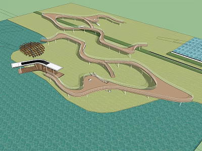 Winding Landscape Bridge Over Water Connecting Scenic Green Spaces With Viewing Paths 3d model