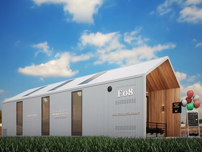 Detached Villa With White Roof Solar Panels E08 Sign Green Lawn And Colorful Balloons 3d model