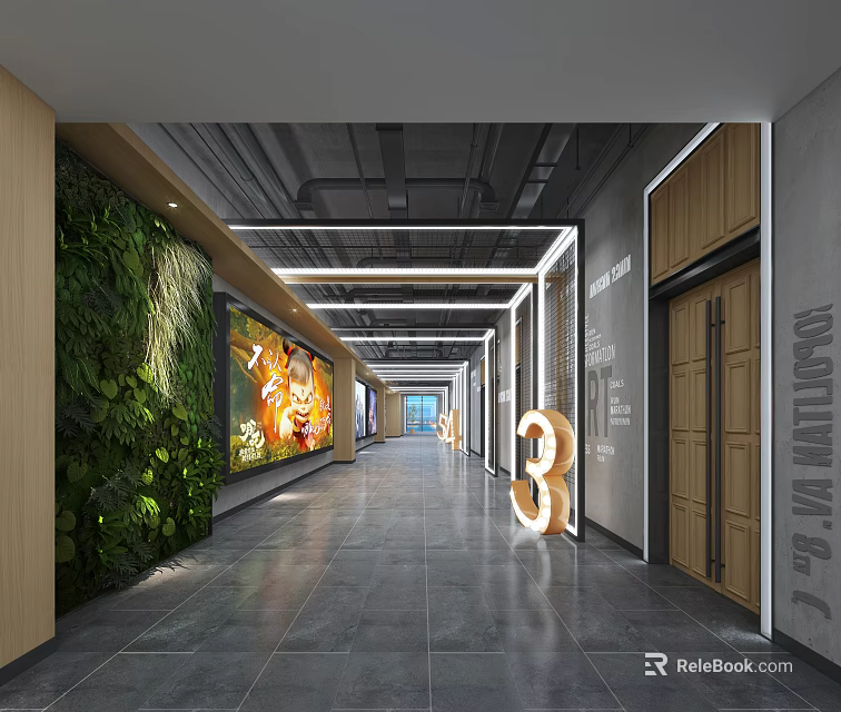 Cinema Corridor With Green Plant Wall Posters And Number 3 Sign 3d model 