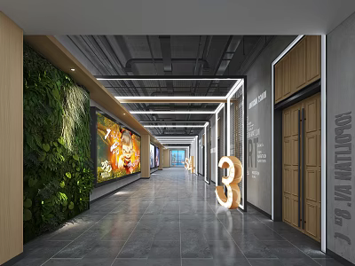 Cinema Corridor With Green Plant Wall Posters And Number 3 Sign 3d model