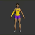Woman in Yellow Tank Top With LSI Print Purple Shorts Yellow Arm Sleeves and Sneakers
