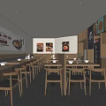 Modern Restaurant Interior With Wooden Tables Chairs And Food Posters On Walls