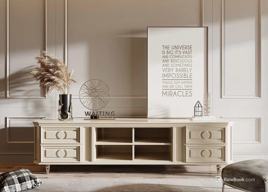 Light Colored TV Stand with Drawers Open Shelves Decorative Painting Pampas Grass WAITING Decor 3d model 