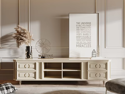 Light Colored TV Stand with Drawers Open Shelves Decorative Painting Pampas Grass WAITING Decor 3d model