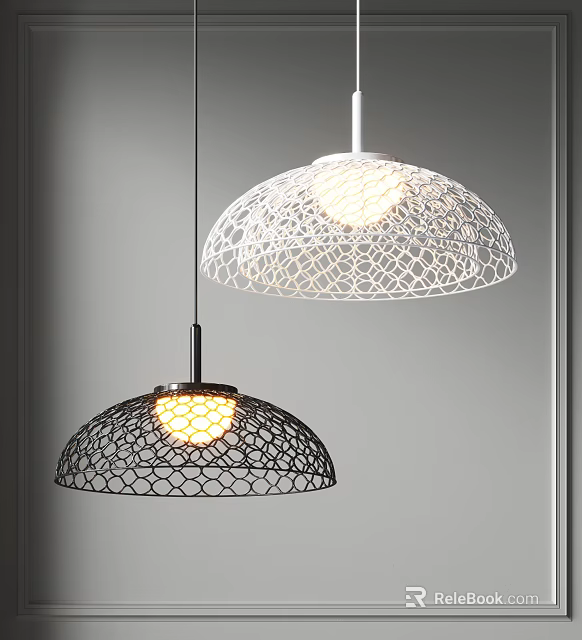 Two Black and White Modern Pendant Lights with Hollow Mesh Design Illuminated in Minimalist Room 3d model 