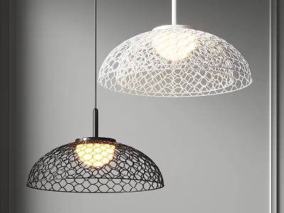 Two Black and White Modern Pendant Lights with Hollow Mesh Design Illuminated in Minimalist Room 3d model