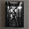 Portrait Painting of Woman in Feather Trimmed Jacket Black Lingerie Elevator Background Monochrome Style