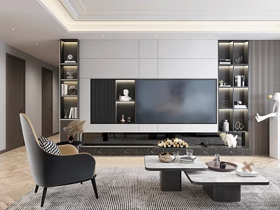 Modern Elegant TV Background Wall Design With Built in Shelves And Ambient Lighting 3d model