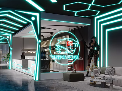 Modern Cyber Cafe With Neon Lighting Futuristic Design Reception Counter Sofa Seating And Character Statue 3d model