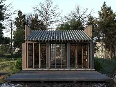Traditional Chinese Religious Shrine With Tile Roof Wooden Structure By Waterfront Surrounded by Green Trees 3d model