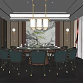 Elegant Chinese Style Private Dining Room With Round Table And Pendant Lights