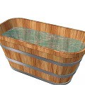 Oval Wooden Bathtub With Polished Metal Strips And Natural Wood Grain