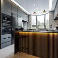 Modern Kitchen Interior With Dark Cabinetry Island Counter And Dining Chairs