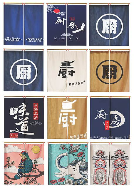 Stylish Kitchen Curtains With Chinese Characters Design And Various Colors For Home Decor 3d model 