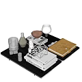 Decorative Ornament Set With Metal Geometric Ornaments Stacked Books Notebook On Black Tray Desktop Decor