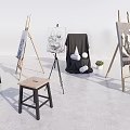 Studio Scene with Art Supplies Musical Instruments Easels Paintings and Wooden Stools