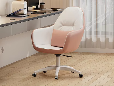 Modern Home Office Desk With Computer Coffee Mug Phone And Pink White Chair 3d model