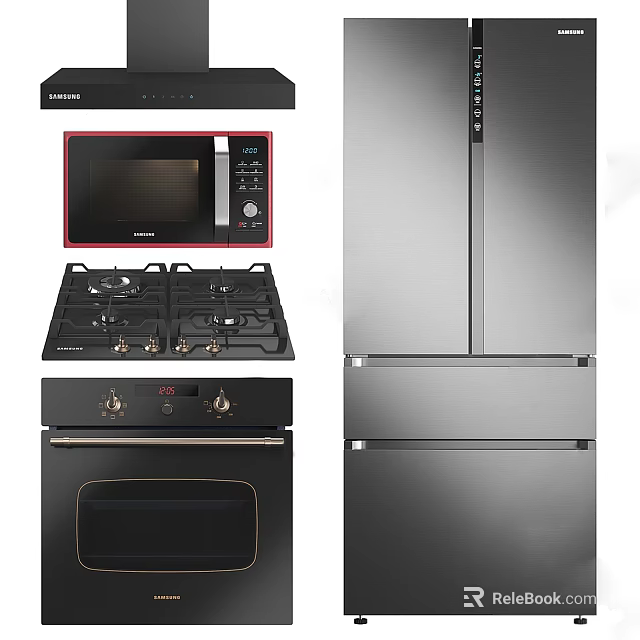 Modern Kitchen Appliances Collection With Stainless Steel Microwave Gas Stove Oven And Refrigerator 3d model 